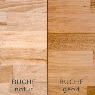 Vergleichsbilder der beiden Holzoberflächen: Die Deckplatten sind naturbelassen (links) oder geölt (rechts) erhältlich.