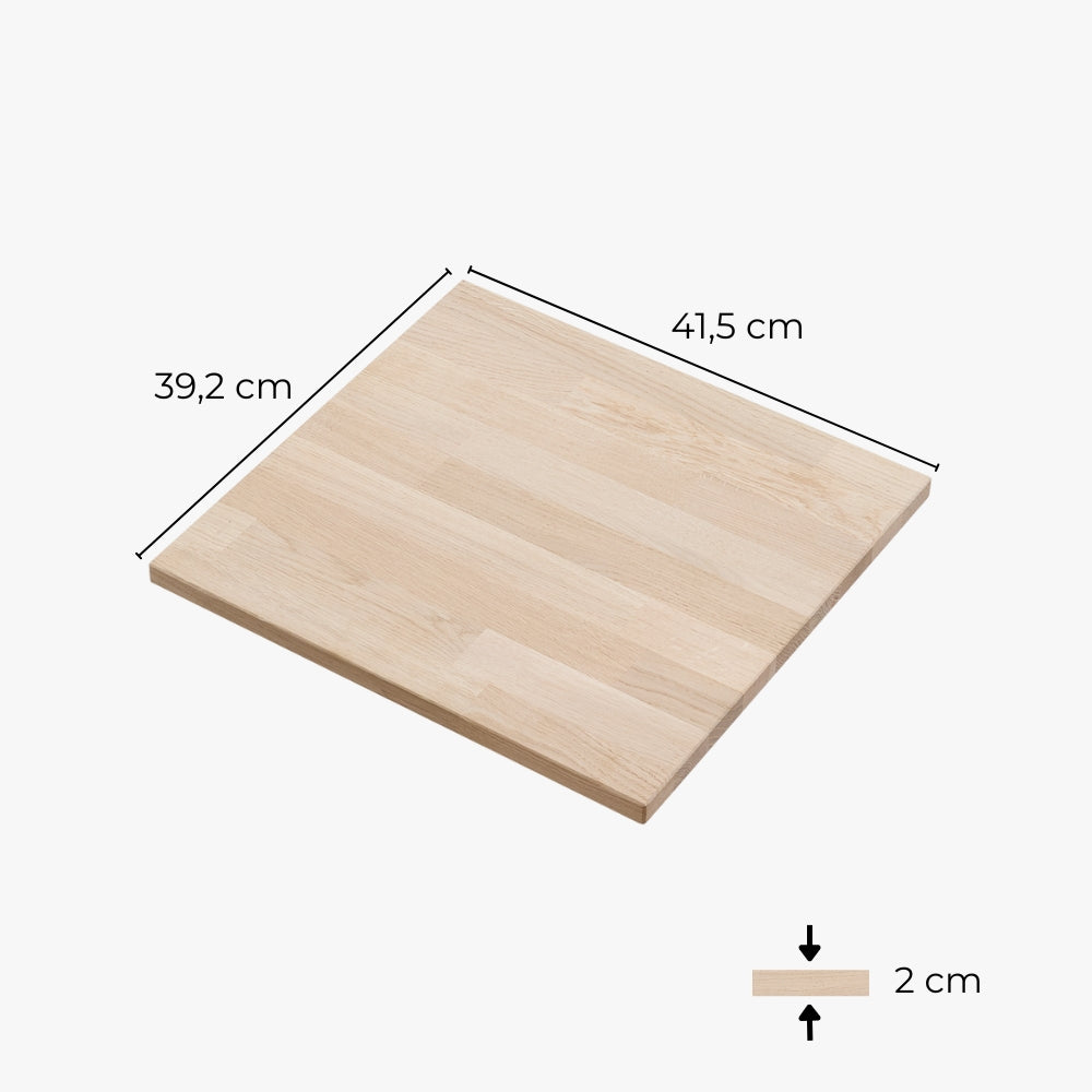 Vollholzplatte aus natürlicher Eiche für das 1er Kallax Regal von IKEA mit entsprechenden Maßangaben.