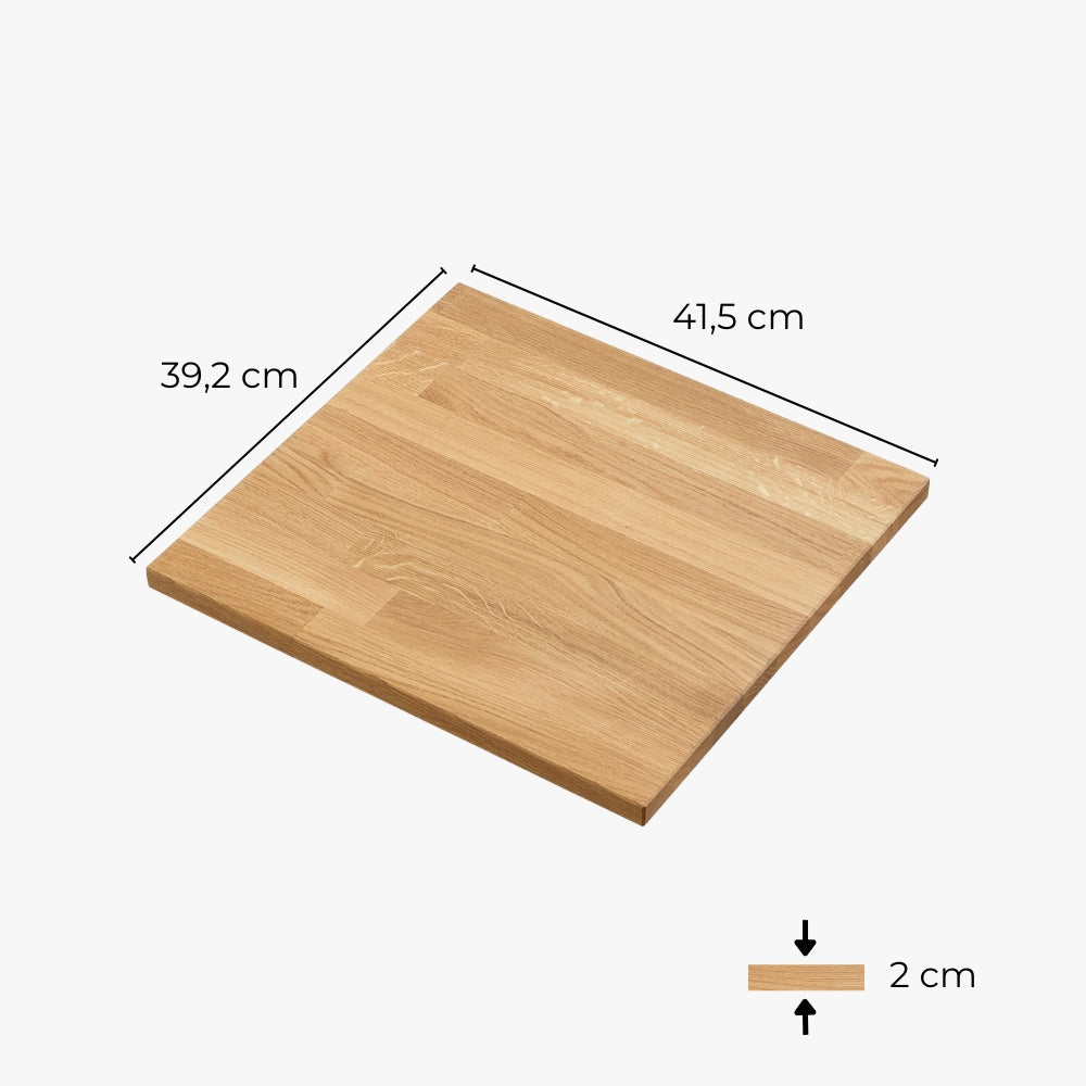 Einzelansicht einer Holzplatte aus Eichenholz für das 1er Kallax Regal mit entsprechenden Maßangaben.