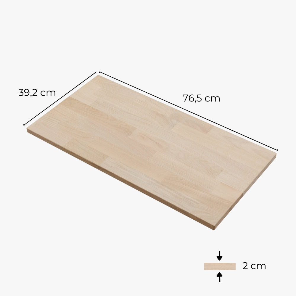 Einzelansicht einer naturbelassenen Holzplatte aus Eiche für das 2er Kallax Regal mit entsprechenden Maßangaben.
