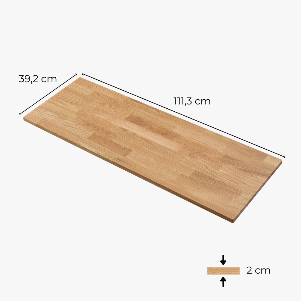 Freigestellte Holzplatte aus geölter Eiche für das 2 Fach breite IKEA Kallax Regal mit entsprechenden Maßangaben.