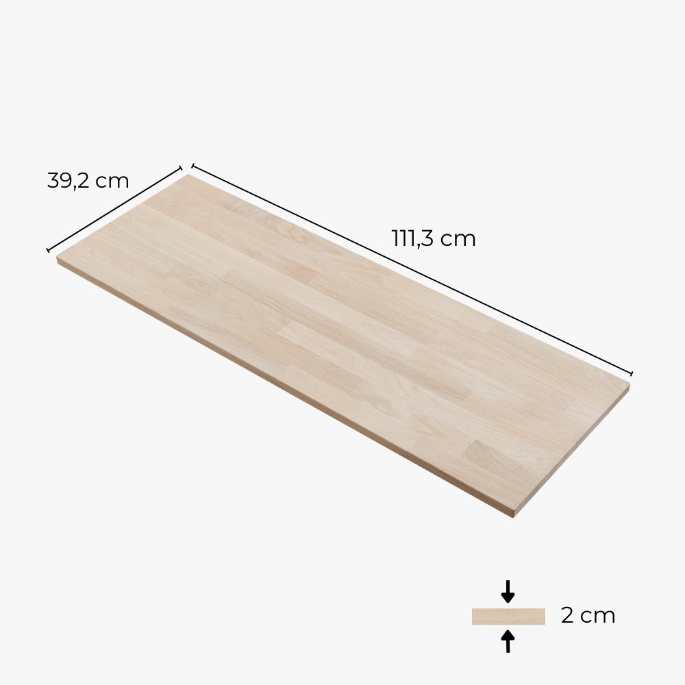 Einzelansicht einer freigestellten Holzplatte aus massivem Eichenholz in natürlicher Ausführung für das 3er Kallax Regal mit entsprechenden Maßangaben.