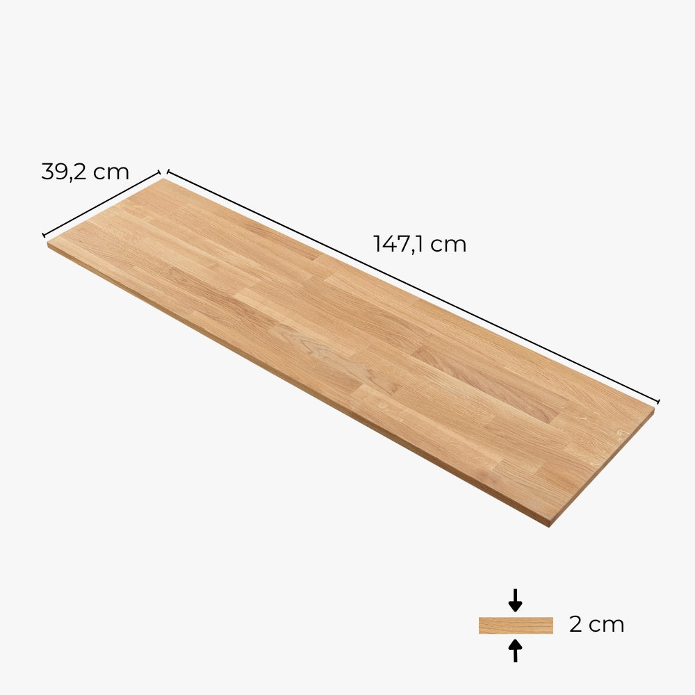 Freigestellte Deckplatte aus massivem Eichenholz geölt für das 4 Fach breite IKEA Kallax Regal mit Maßangaben.