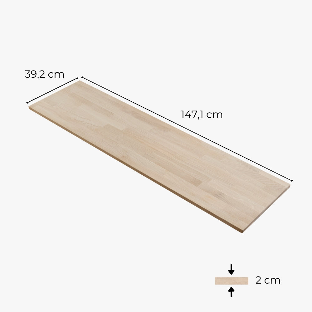 Einzelansicht einer Vollholzplatte aus Eiche in naturbelassener Ausführung für das 4er Kallax Regal von IKEA mit entsprechenden Maßangaben.