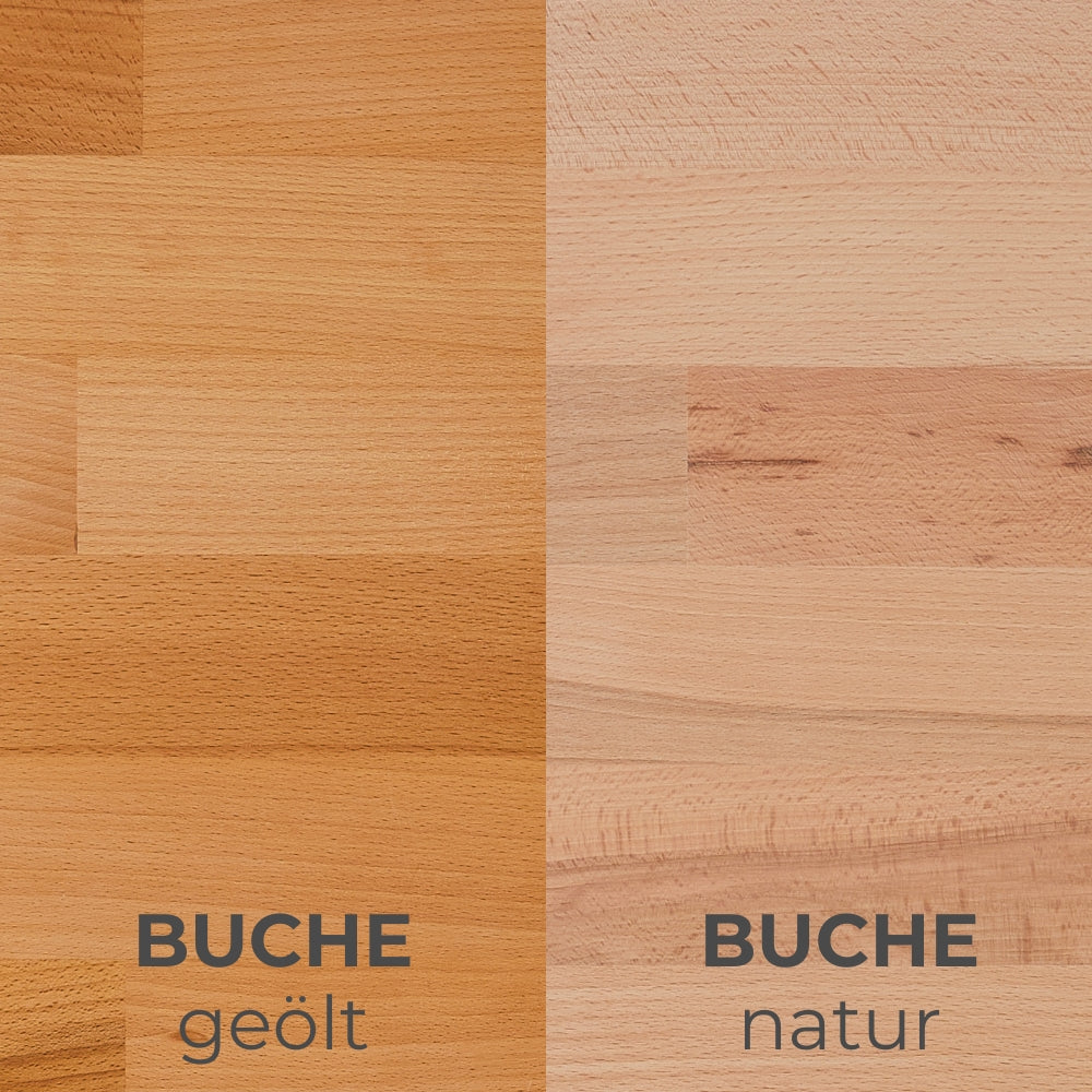 Abdeckplatten aus Buchenholz - Vergleichsbild der Oberflächen. Rechts ist die dunklere und geölte Holzfläche zu sehen, links die naturbelassene Oberfläche. Die geölte Variante zeigt etwas wärmere Farbtöne.