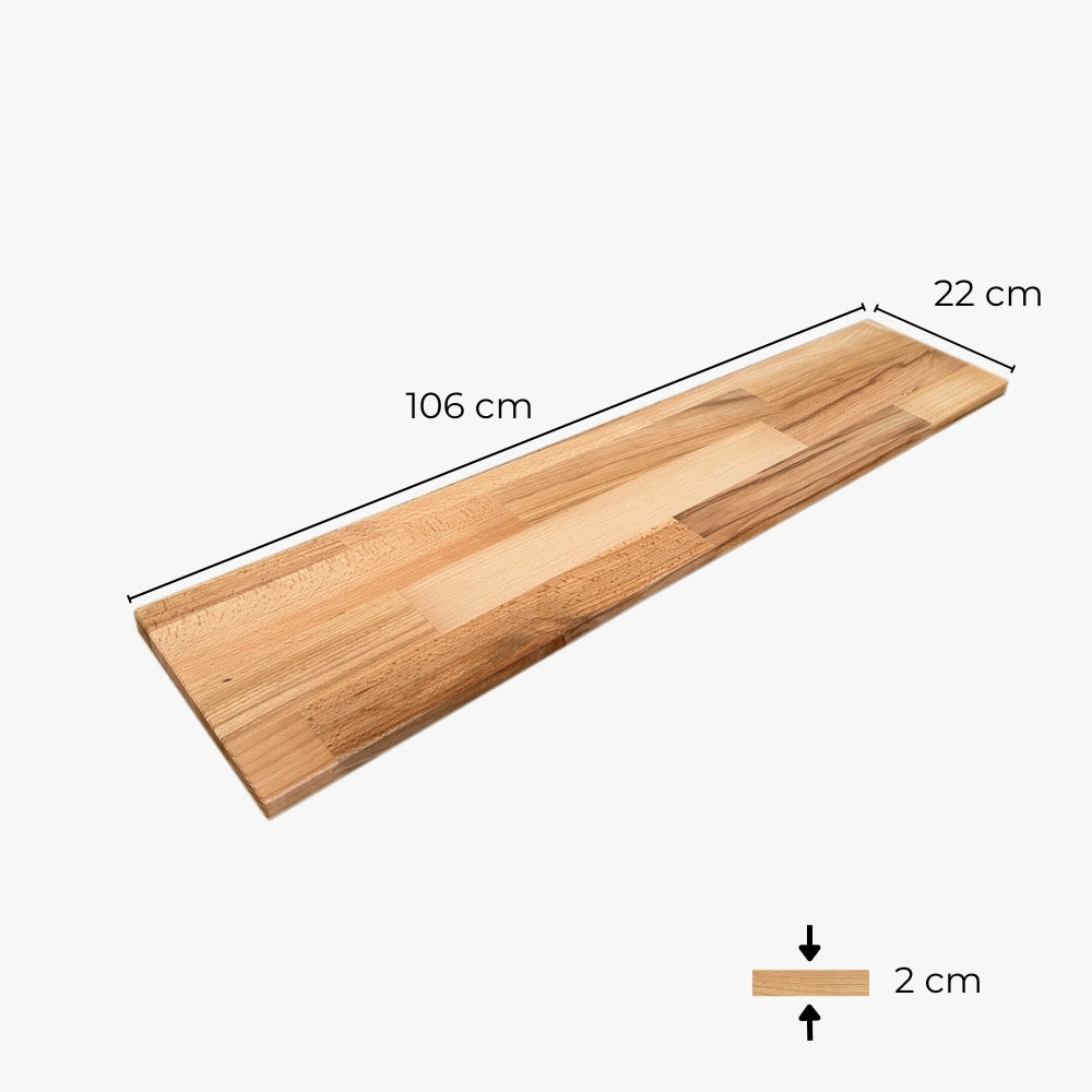 Holzplatte aus Buchenholz: geölt, mit den Abmessungen Länge: 106cm, Tiefe:22c und einer Dicke von 2 cm.