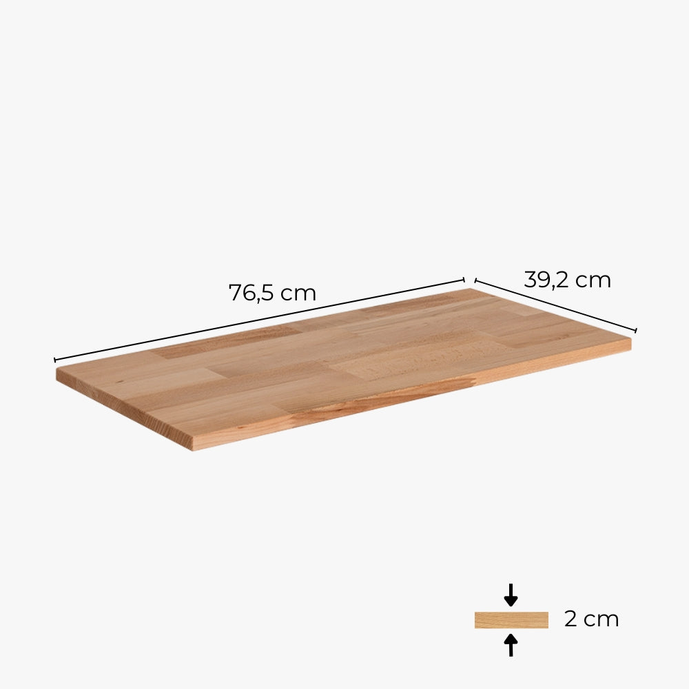 Maße der geölten Holzplatte: Breite = 76,5 cm, Tiefe = 39,2 cm, Stärke: 2 cm