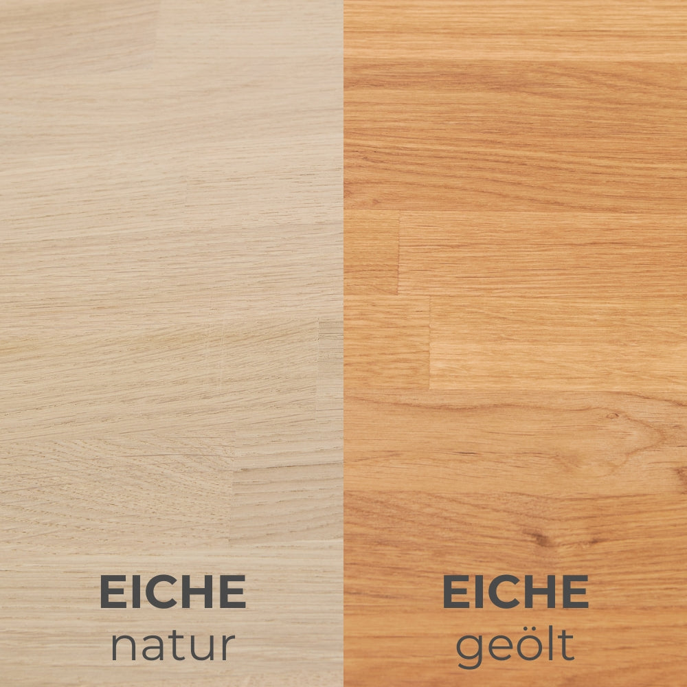 Vergleich der Oberflächenstruktur der Holzplatten aus Eiche natur und geölt fürs Kallax Regal von IKEA.