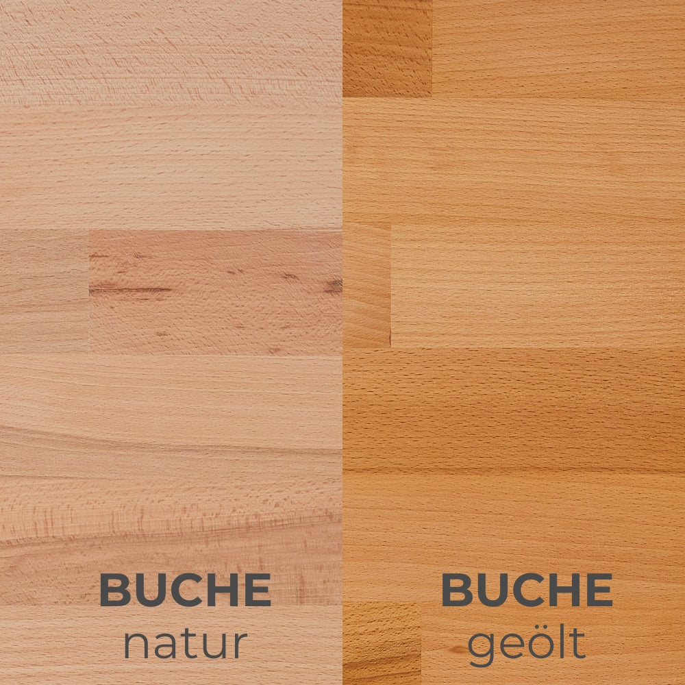 Vergleichsfoto von einer geölten und einer ungeölten Buchenholzplatte.