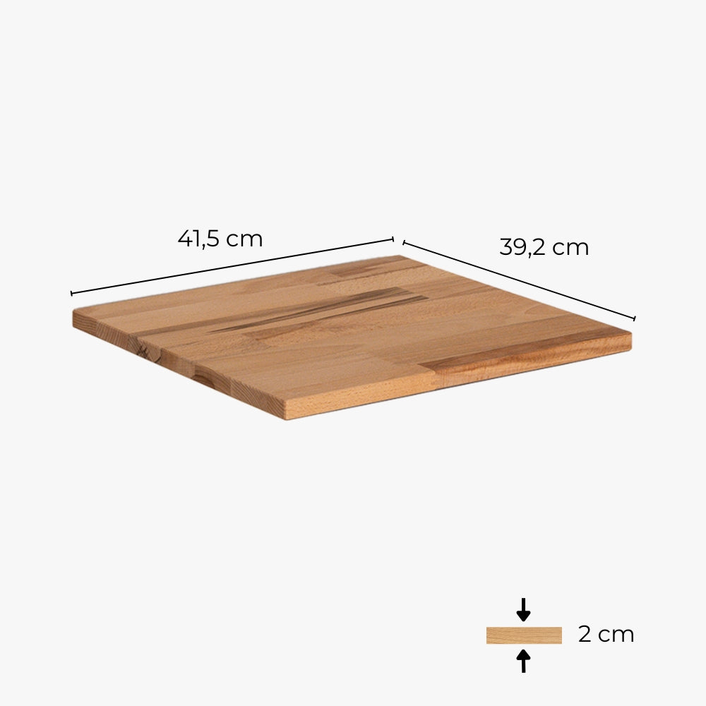 Freigestellte Holzplatte für das 1x1 Ikea Kallax Regal aus geölter, massiver Buche. Maße: Breite 41,5 cm, Tiefe 39,2 cm, Stärke 2 cm