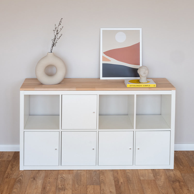 Kallax Regal als 4x2 Sideboard mit Holzplatte aus naturbelassenem Buchenholz