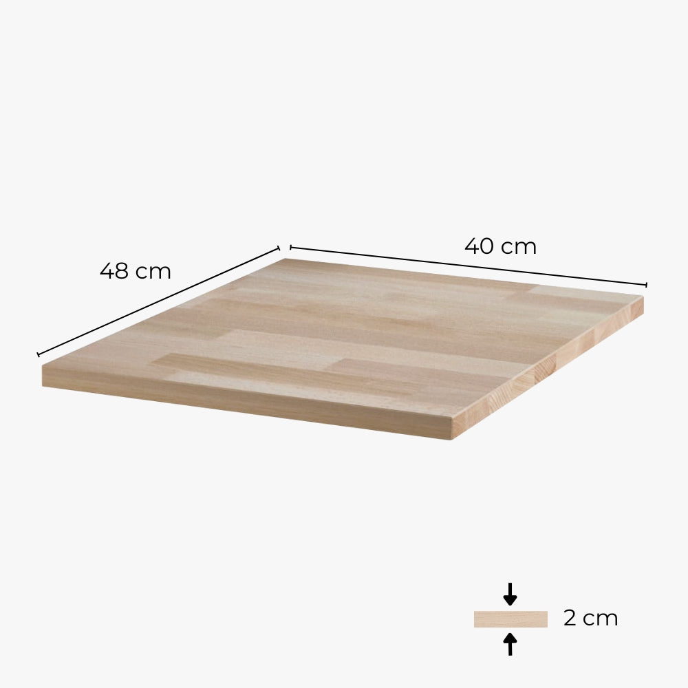 Bemaßung einer Holzplatte für Ikea Malm Nachttisch: Breite: 40,4 cm, Länge 48,4 cm und Dicke: 2 cm.