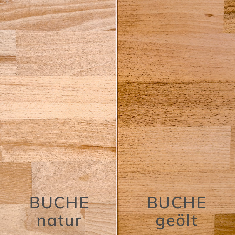 Vergleichsbild der Oberflächenbearbeitungen: Links ist die naturbelassene Variante zu ehen, rechts die geölte Holzplatte aus Buche