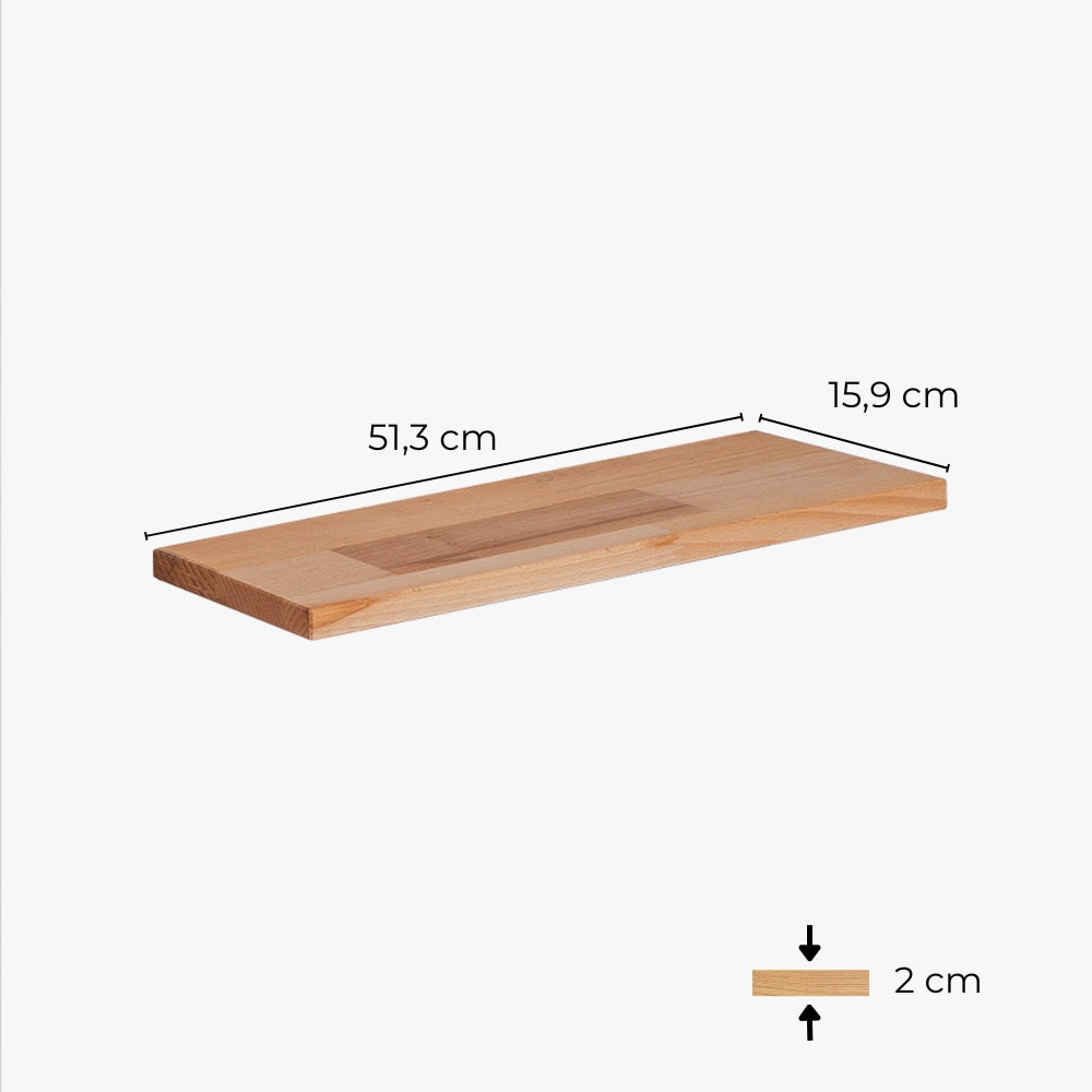 Einzelansicht einer geölten Buchenholzplatte für den Trones IKEA Schuhschrank mit entsprechenden Maßangaben.