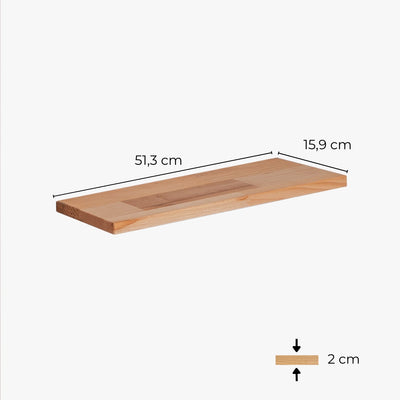 Einzelansicht einer geölten Buchenholzplatte für den Trones IKEA Schuhschrank mit entsprechenden Maßangaben.