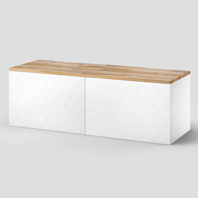 Seitenansicht Ikea Besta mit massiver Holzplatte aus Buche und geölt