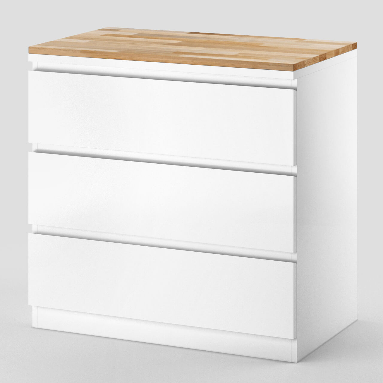 Seitenansicht Ikea Malm Kommode 3 Fächer mit Holzplatte aus Buche geölt als Abdeckplatte