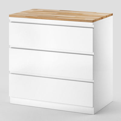 Seitenansicht Ikea Malm Kommode 3 Fächer mit Holzplatte aus Buche geölt als Abdeckplatte