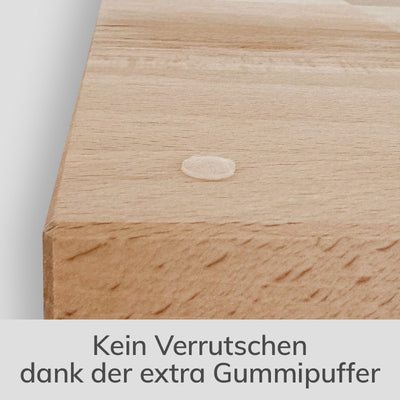 Kallax Holzplatte aus massiver Buche mit einer Materialstärke von 20 mm. Zu sehen ist der angeklebte Gummipuffer, der das Verrutschen der aufgelegten Holzplatte verhindert.